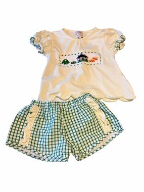 Masters Golf Smocked 2 Piece Set Toddler Girls Size 2T Green Gingham Pale Yellow